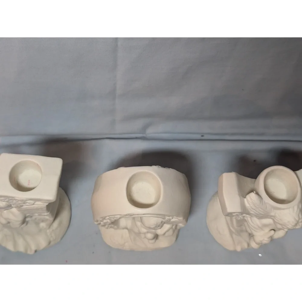 Vintage Angel Cherubs JOY Candle Stick Holders J‎ O Y 3 pc Set Ceramic White